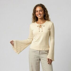 Fashion Bug Ivory Cream Tie-Neck Long Sleeve Ribbed Sleeve Top